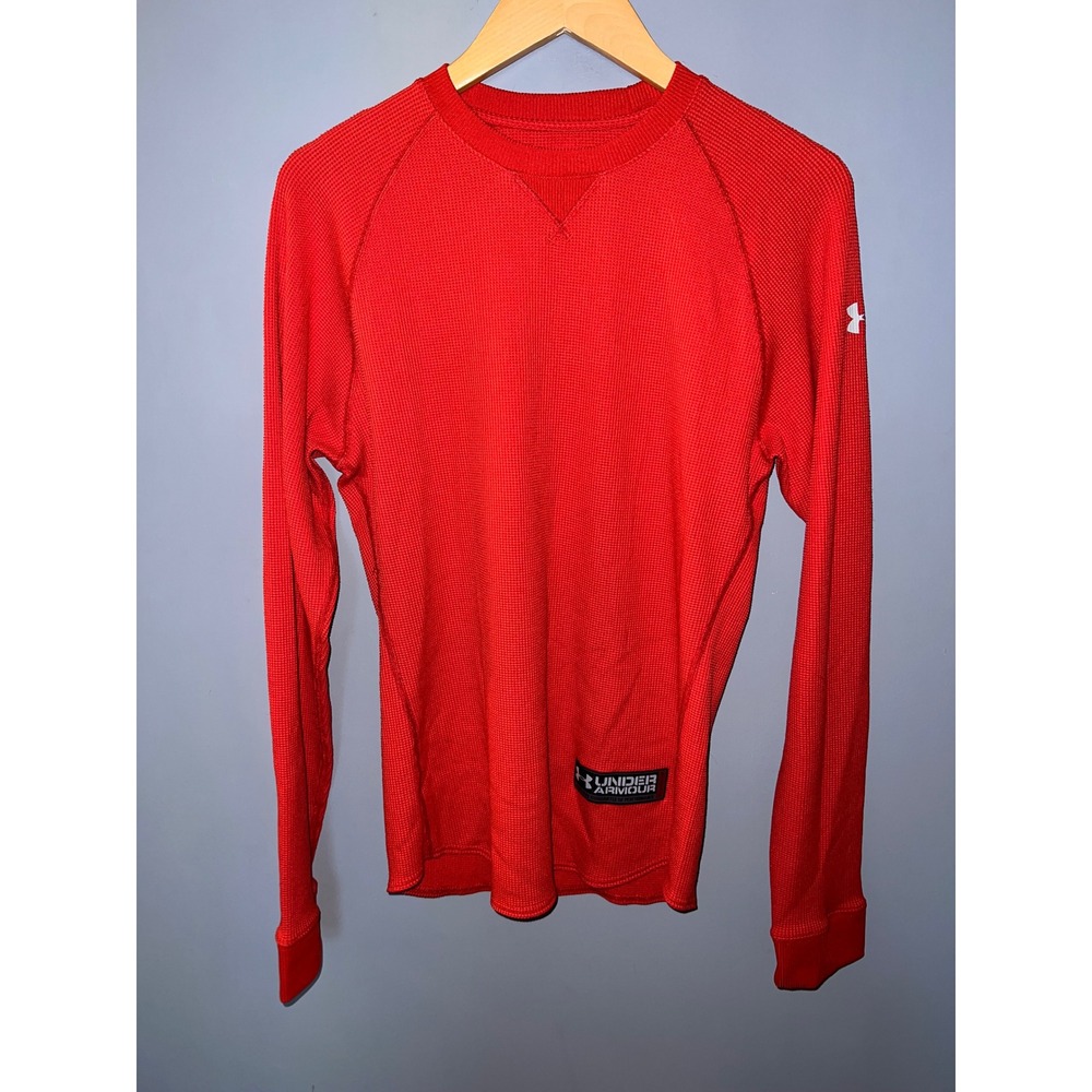 Under Armour Mens Red Waffle Knit Thermal Long Sleeve Shirt Medium Regular Fit